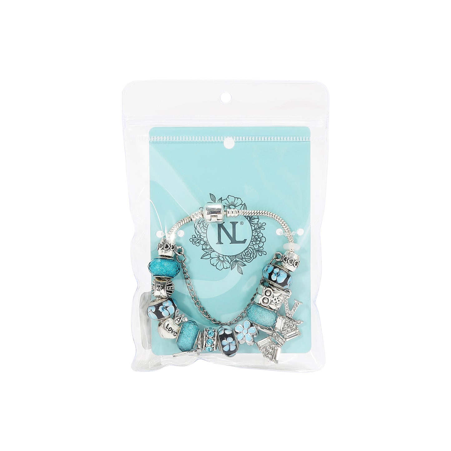 SILVER CHARM BRACELET LIGHT BLUE - BR8005 SILVER BLUE