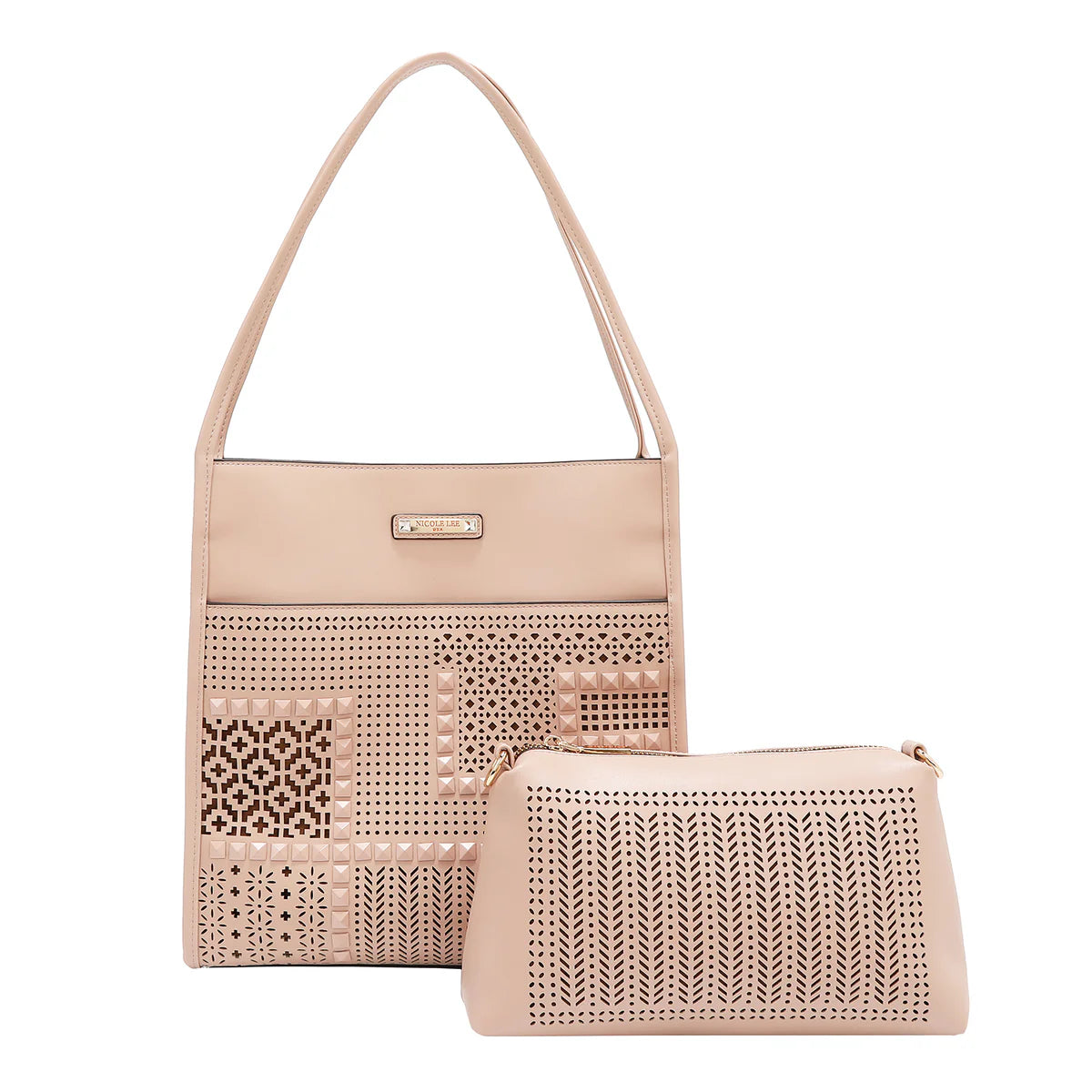 GEOMETRIC CUTOUT 2 PIECE TOTE BAG - LSR17405 CAMEL / BLACK / PINK