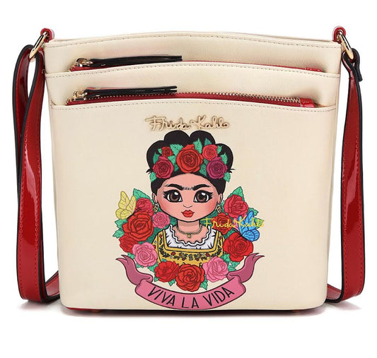 FA705 Frida Kahlo Multi Zip Pocket Crossbody Bag
