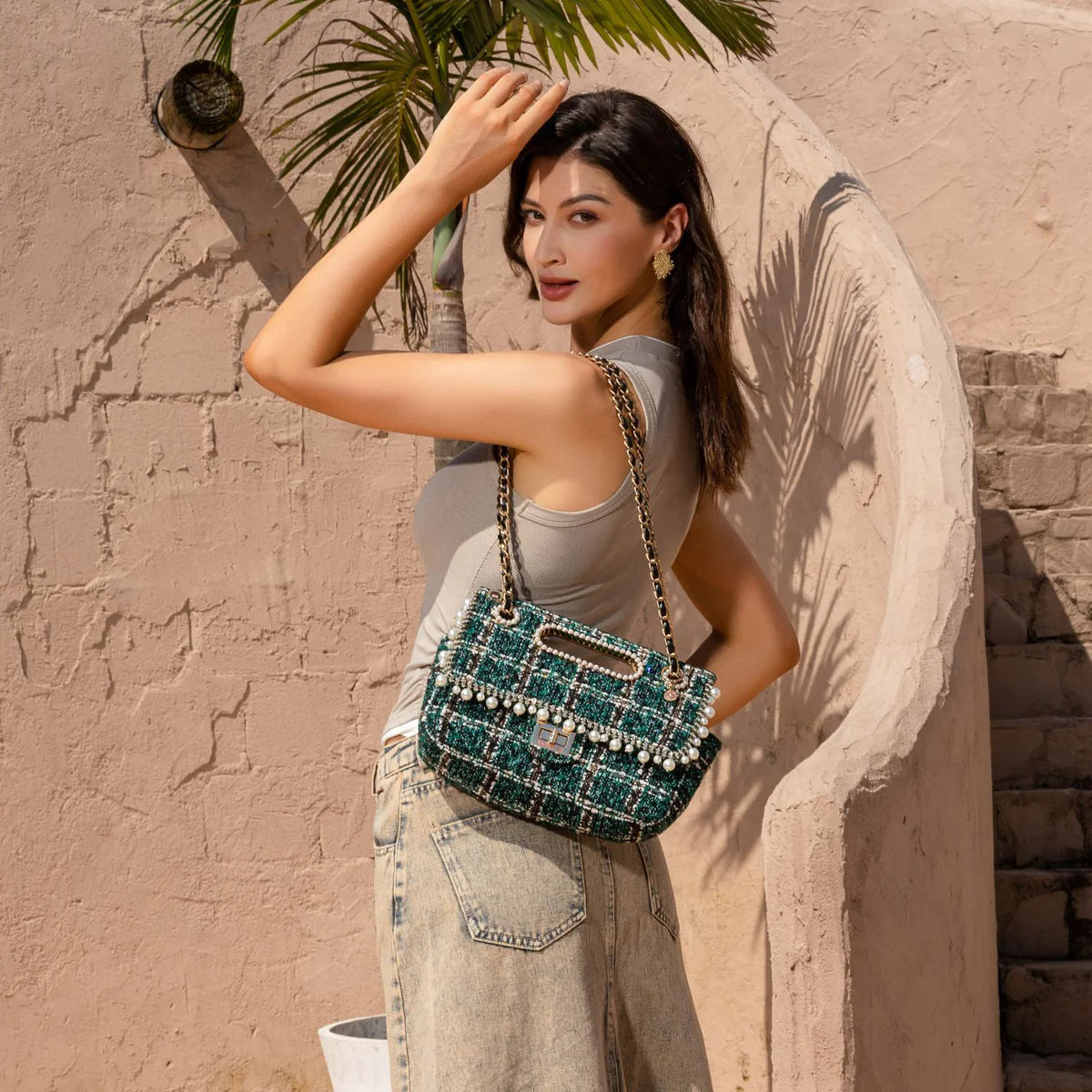TWEED CLUTCH FLAP BAG - P17099 RED / GREEN / BEIGE / BLACK
