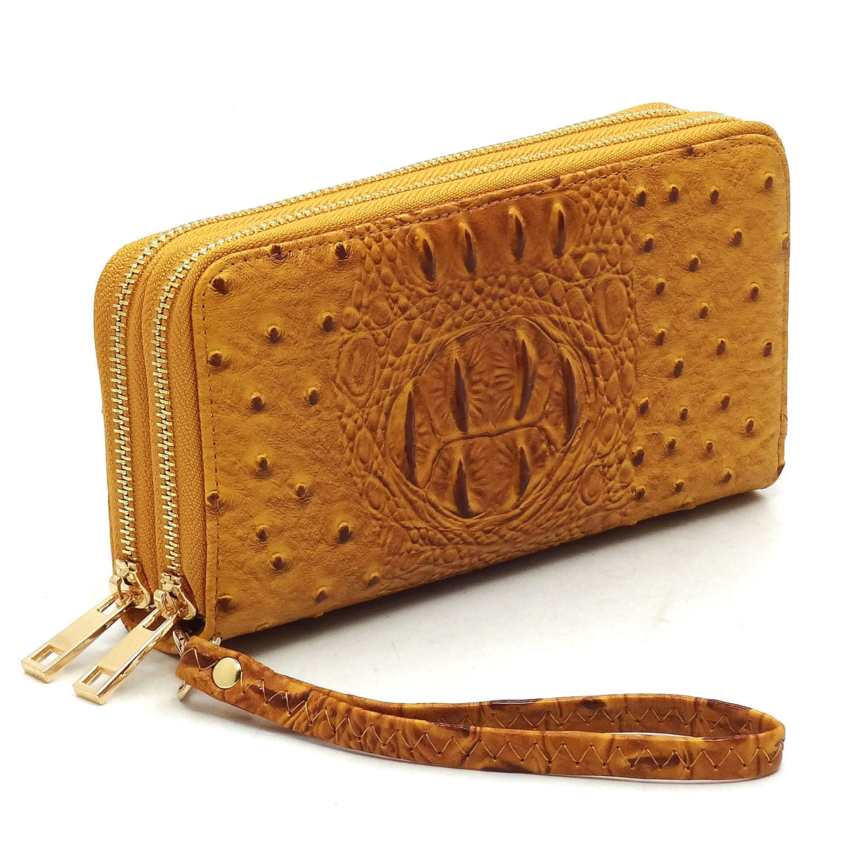 OS0012 Ostrich Croc Double Zip Around Wallet Wristlet