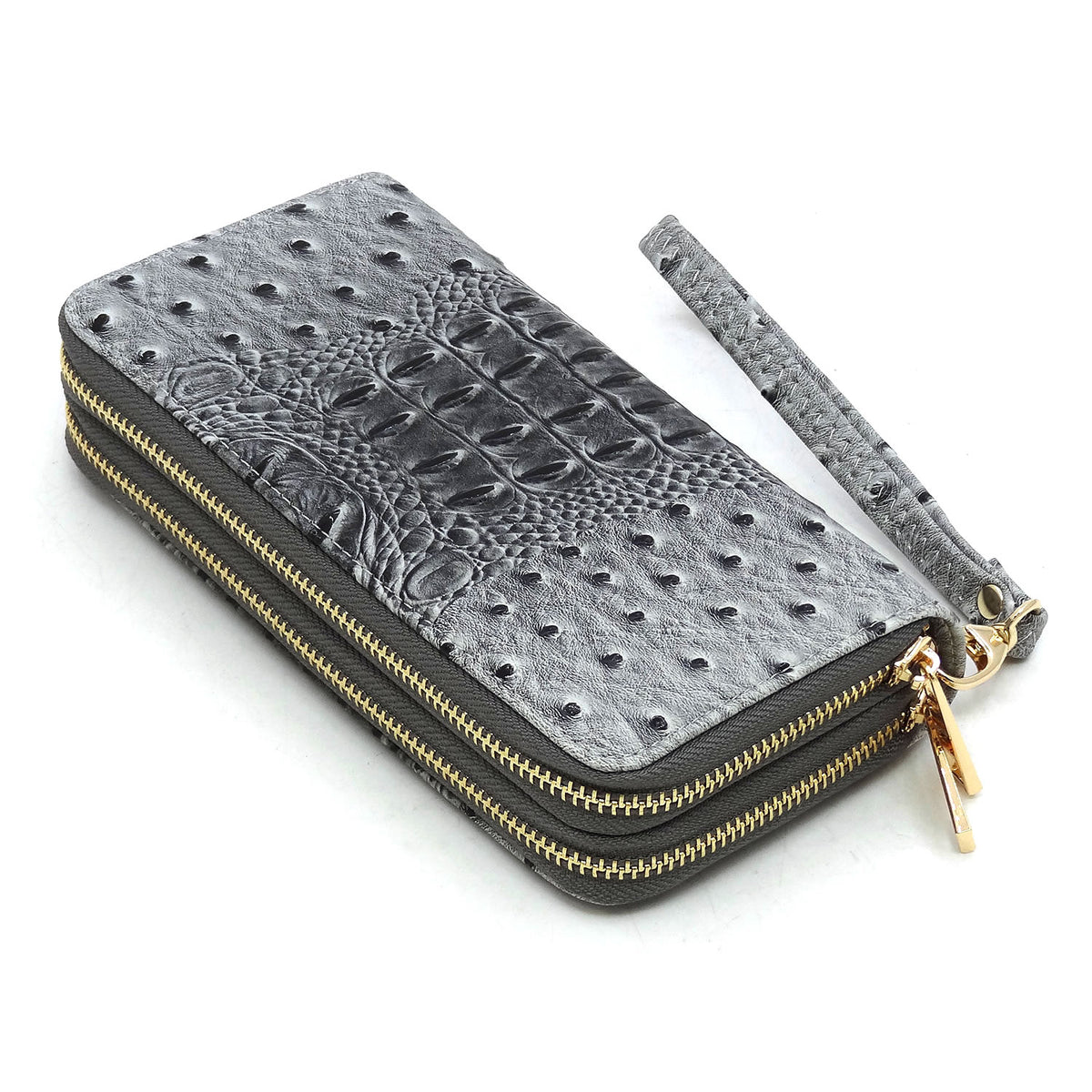 OS0012 Ostrich Croc Double Zip Around Wallet Wristlet