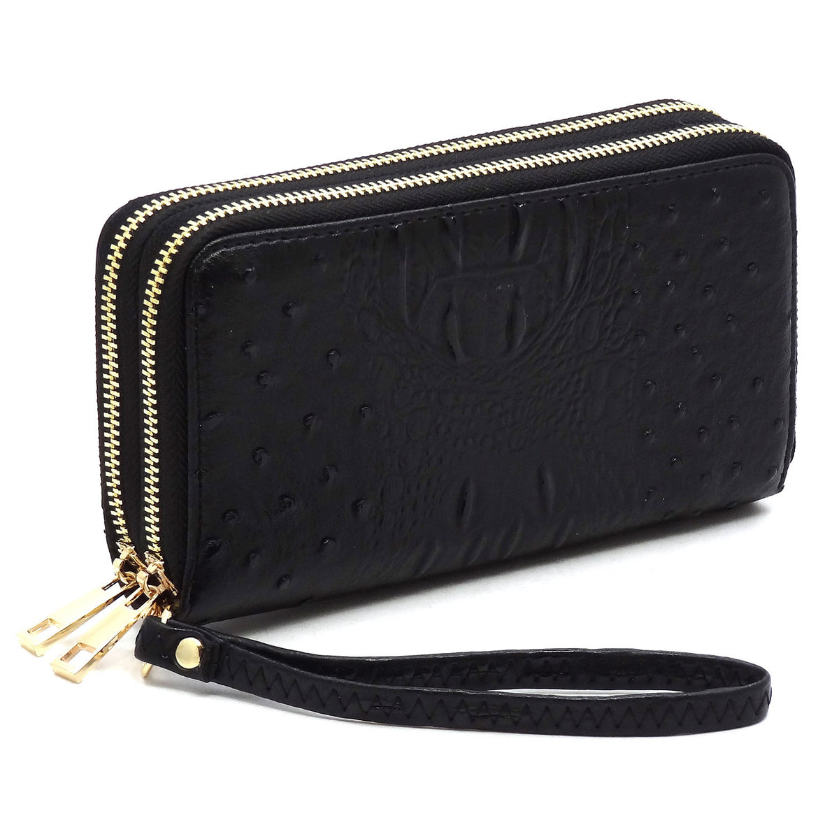 OS0012 Ostrich Croc Double Zip Around Wallet Wristlet
