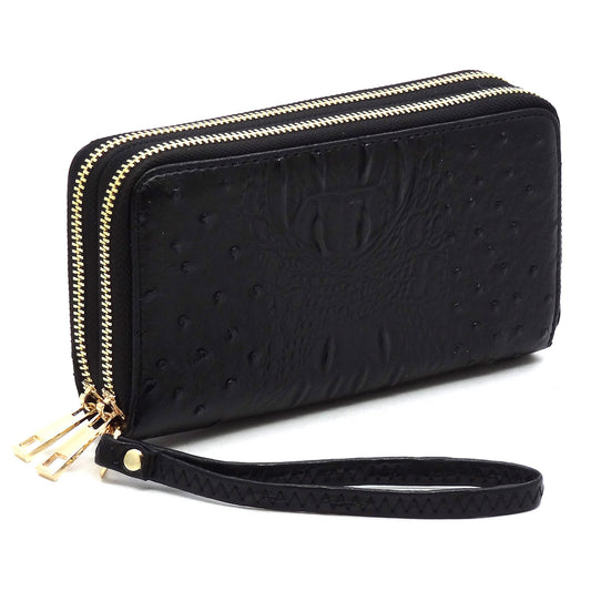 OS0012 Ostrich Croc Double Zip Around Wallet Wristlet