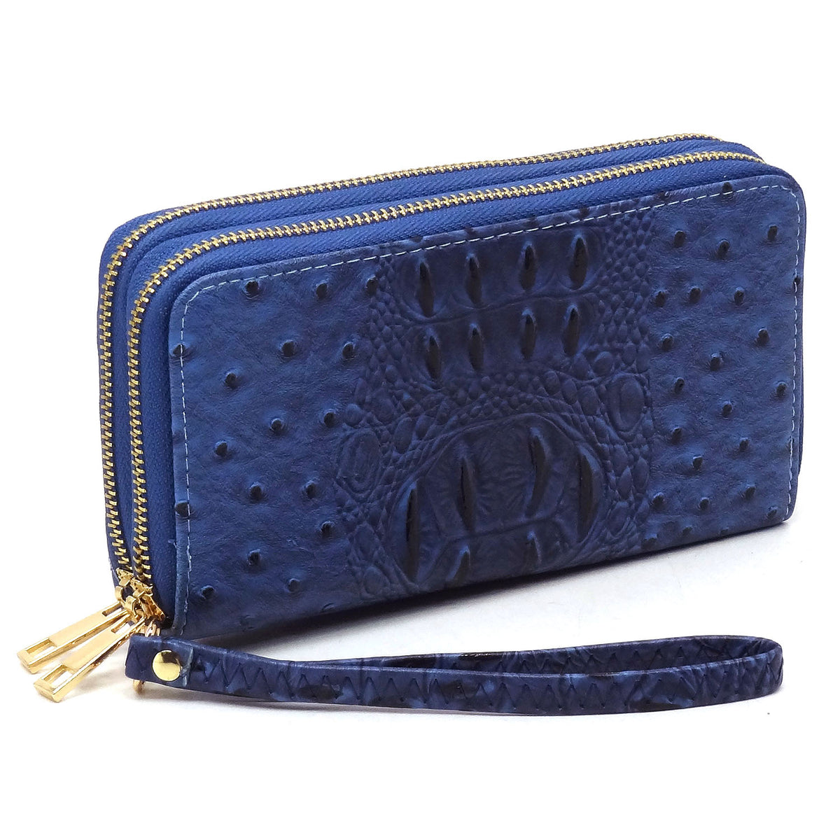 OS0012 Ostrich Croc Double Zip Around Wallet Wristlet
