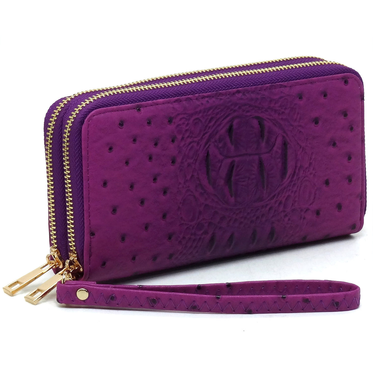 OS0012 Ostrich Croc Double Zip Around Wallet Wristlet