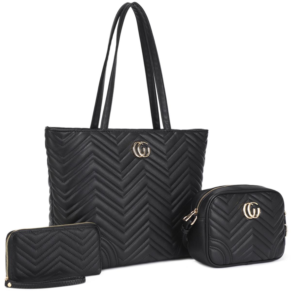 ZW-31968-SET 3In1 Quilted Pattern Design Tote Bag W Crossbody And Wallet Set