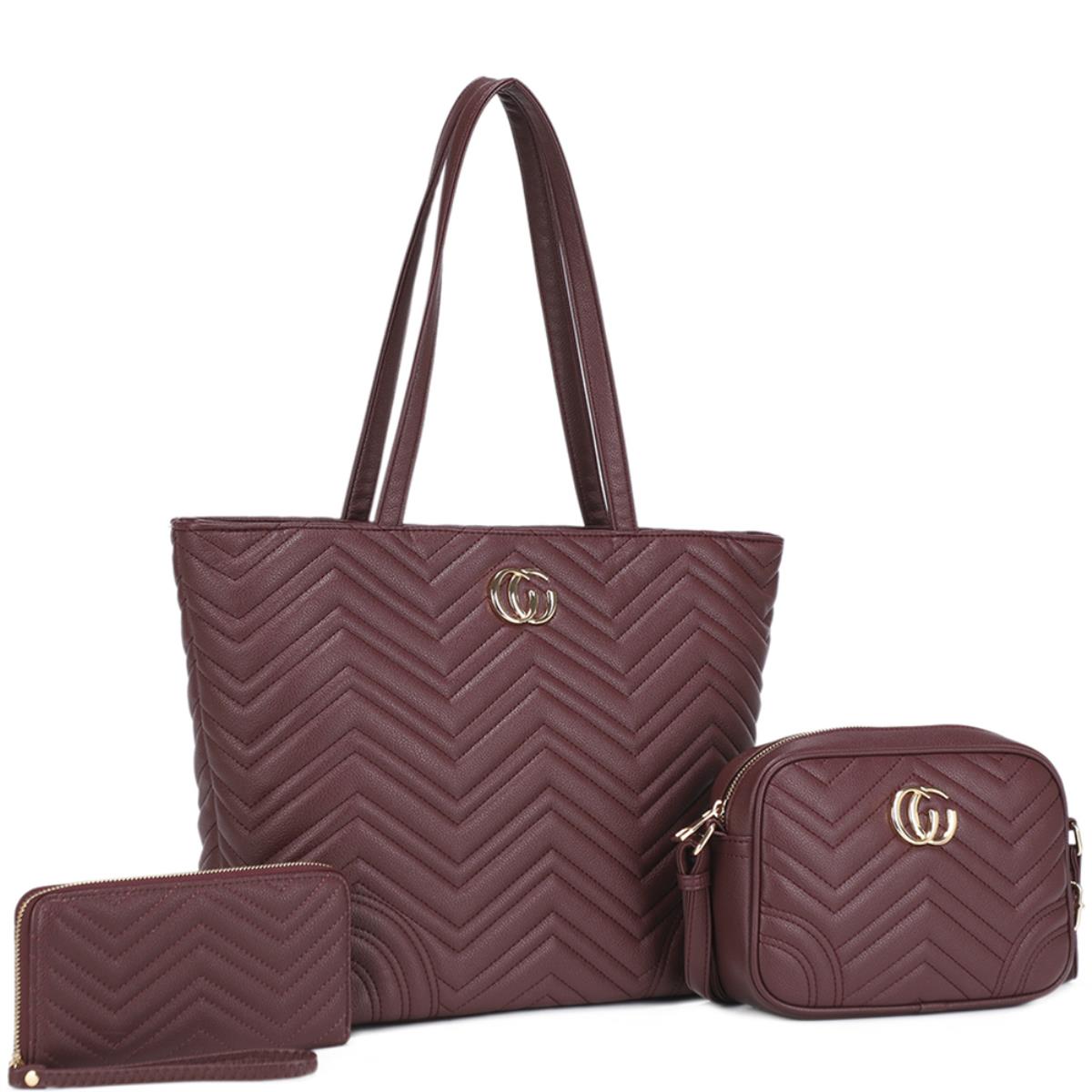 ZW-31968-SET 3In1 Quilted Pattern Design Tote Bag W Crossbody And Wallet Set