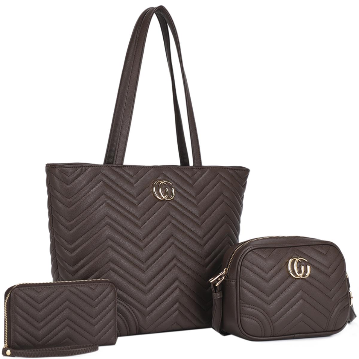 ZW-31968-SET 3In1 Quilted Pattern Design Tote Bag W Crossbody And Wallet Set