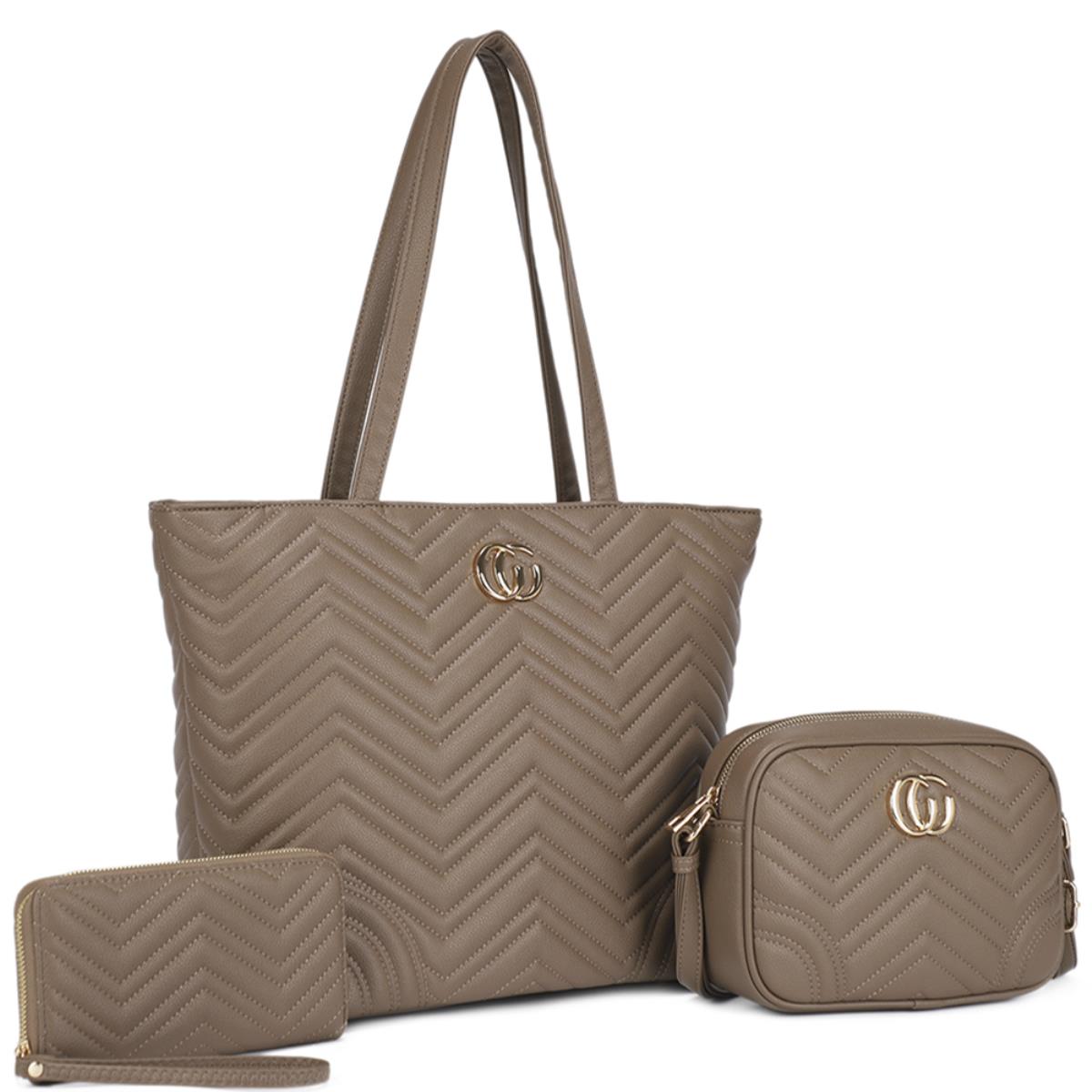 ZW-31968-SET 3In1 Quilted Pattern Design Tote Bag W Crossbody And Wallet Set