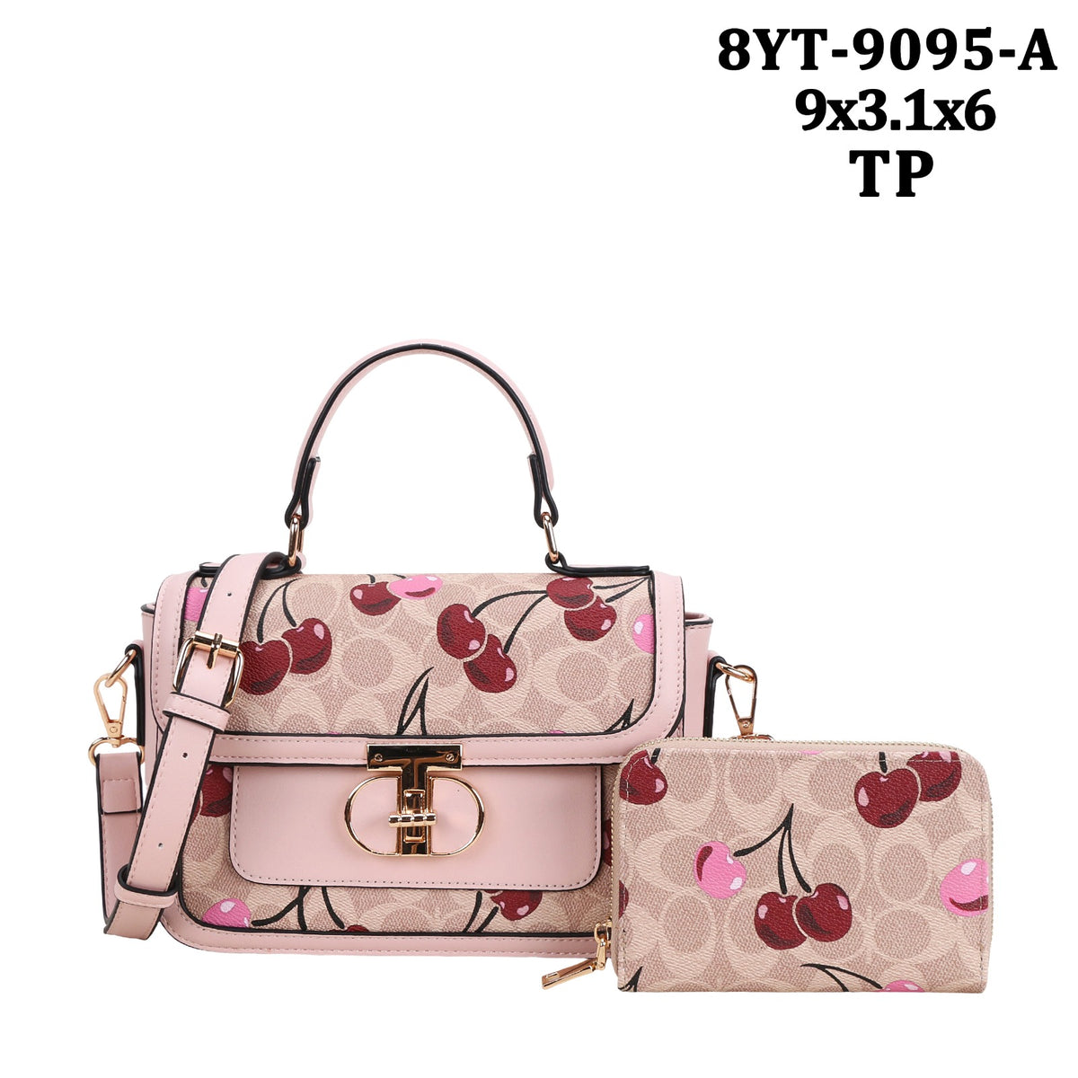 8YT-8095-A Oval Monogram/ Cherry Print Satchel Bag 2 in 1