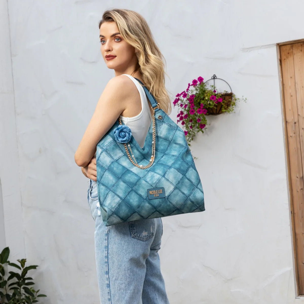 BLUE FLOWER LARGE SHOULDER BAG - P17089 BLUE