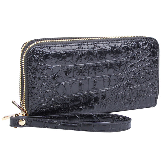 AC0012 Croc Alligator Double Zip Around Wallet Wristlet