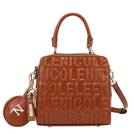 EMBOSSED LOGO SQUARE HANDBAG - EMB17451 WHITE / BROWN / OLIVE / WINE