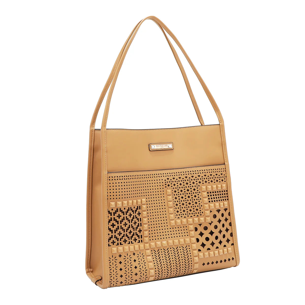 GEOMETRIC CUTOUT 2 PIECE TOTE BAG - LSR17405 CAMEL / BLACK / PINK