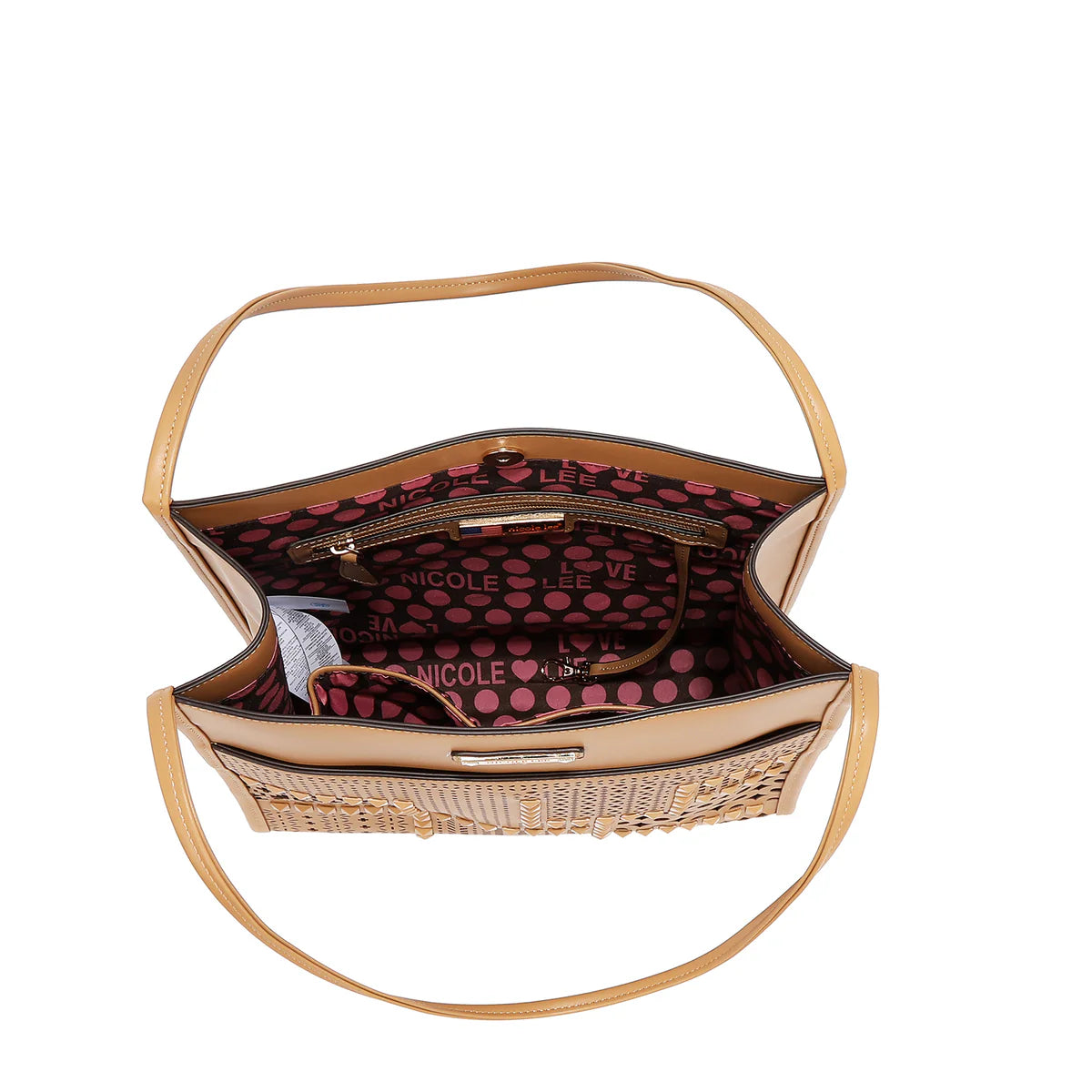 GEOMETRIC CUTOUT 2 PIECE TOTE BAG - LSR17405 CAMEL / BLACK / PINK