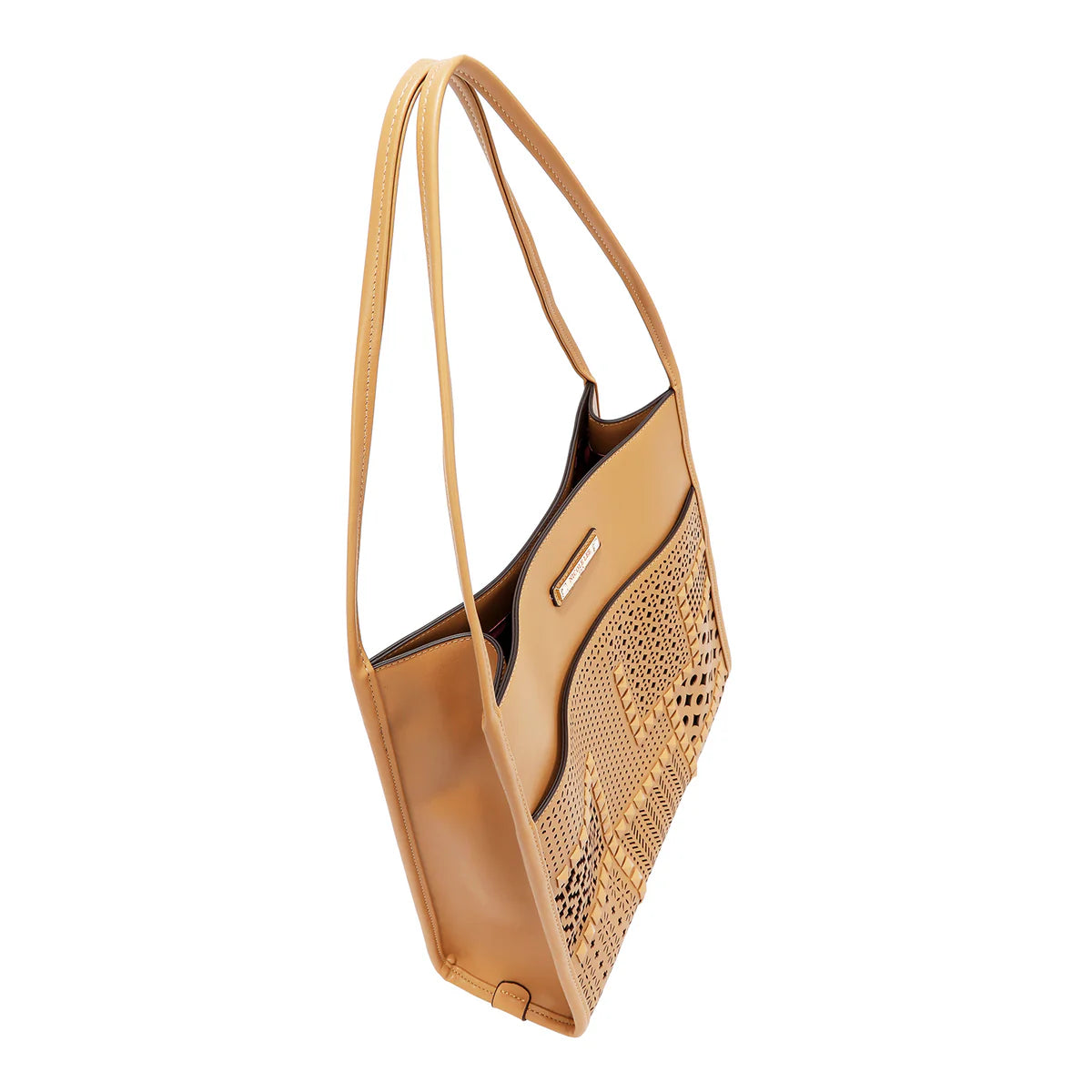 GEOMETRIC CUTOUT 2 PIECE TOTE BAG - LSR17405 CAMEL / BLACK / PINK