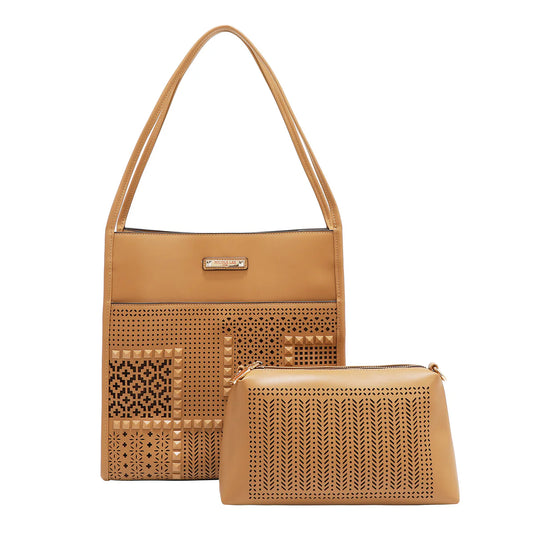 GEOMETRIC CUTOUT 2 PIECE TOTE BAG - LSR17405 CAMEL / BLACK / PINK