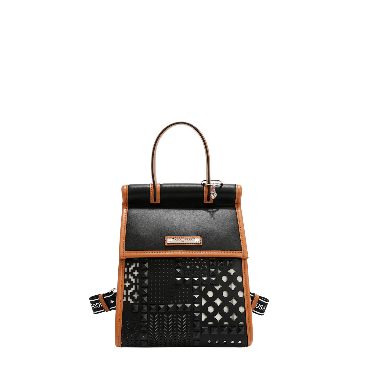 GEOMETRIC CUTOUT CONVERTIBLE BACKPACK / TOP HANDLE BAG - LSR17484  BLACK / CAMEL