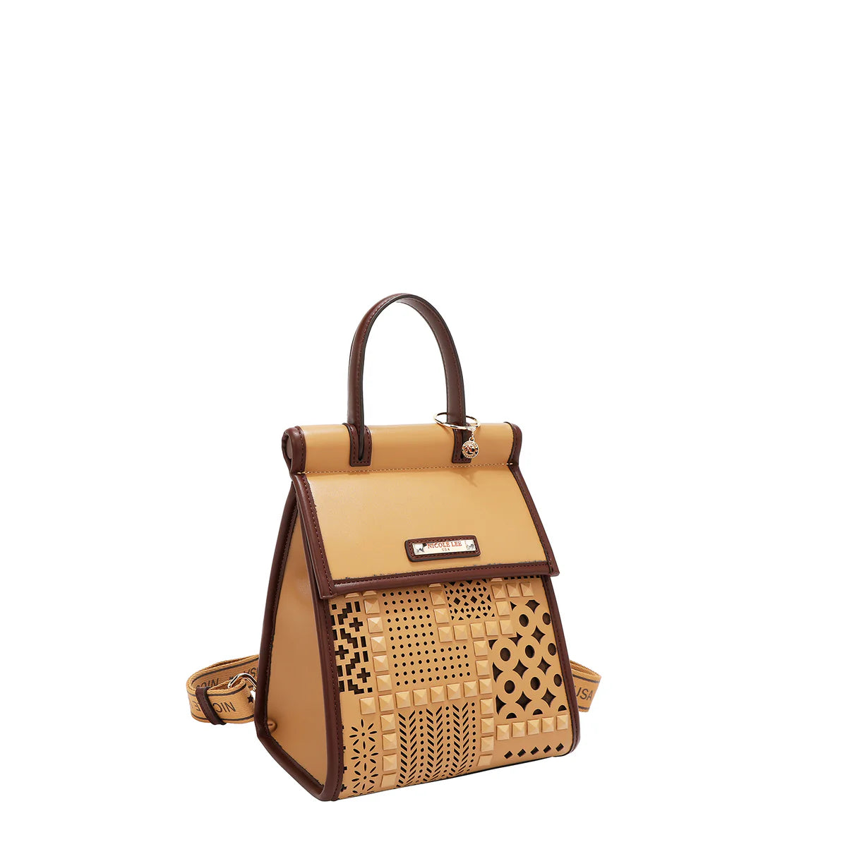 GEOMETRIC CUTOUT CONVERTIBLE BACKPACK / TOP HANDLE BAG - LSR17484  BLACK / CAMEL