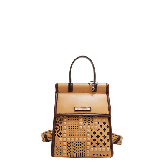GEOMETRIC CUTOUT CONVERTIBLE BACKPACK / TOP HANDLE BAG - LSR17484  BLACK / CAMEL