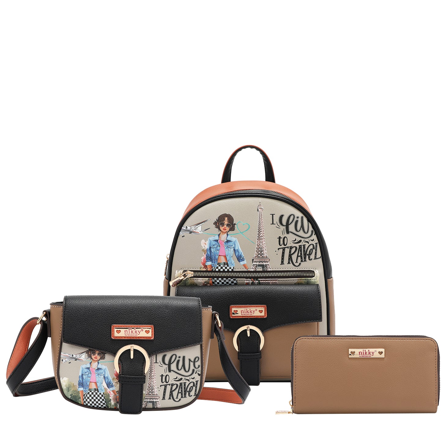 BACKPACK 3 PIECE SET (BACKPACK, CROSSBODY, WALLET) - NK12373 I LIVE TO TRAVEL