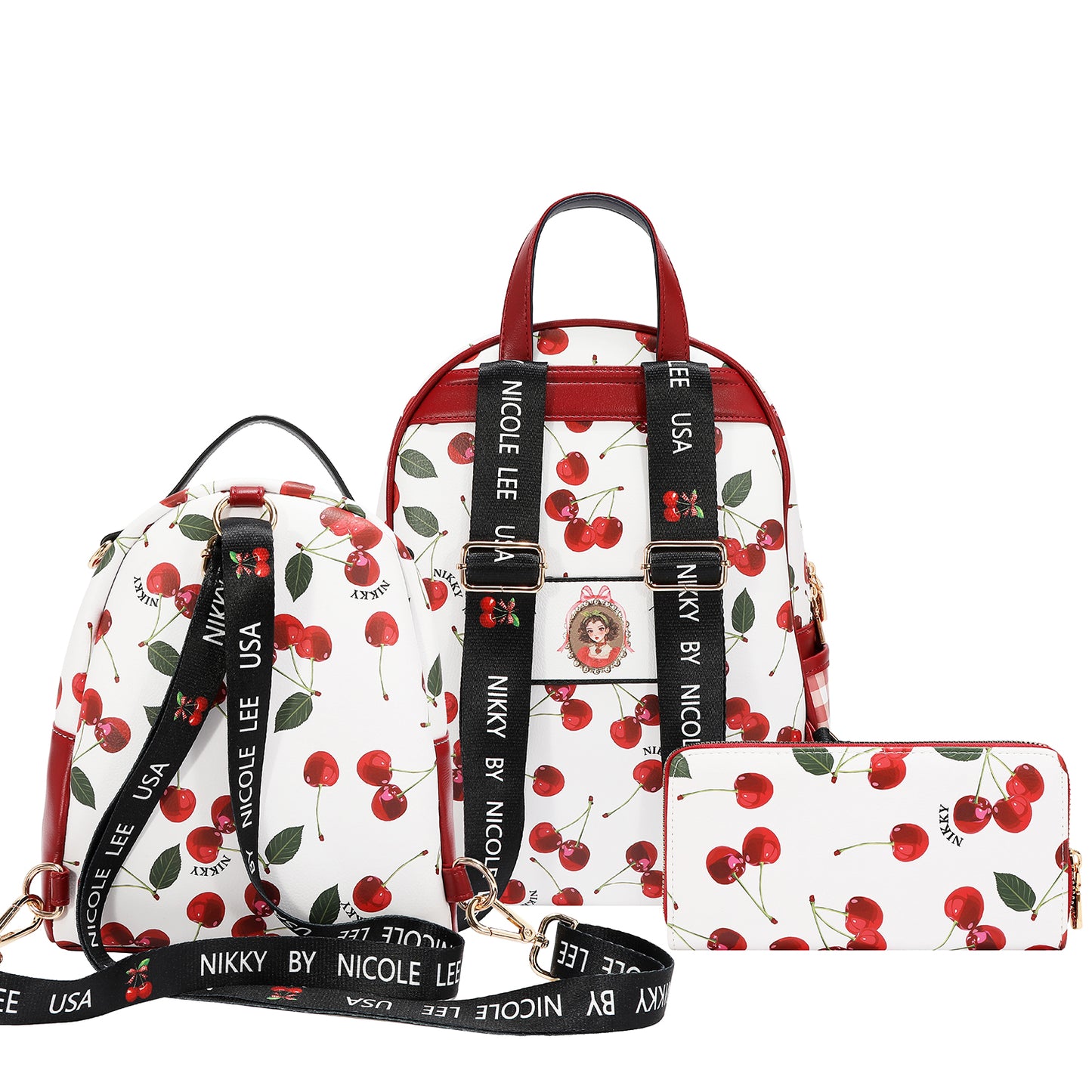BACKPACK 3 PIECE SET (BACKPACK, MINI BACKPACK, WALLET) - NK13159 CHERRY LIPS WHITE