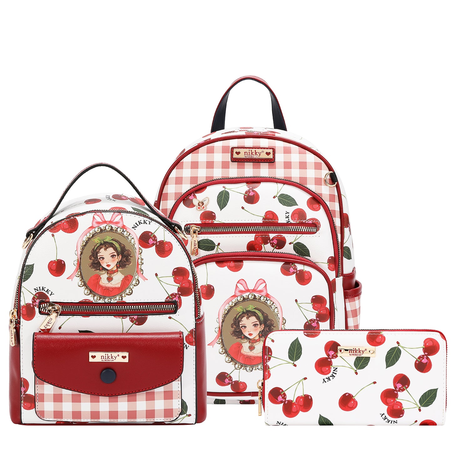 BACKPACK 3 PIECE SET (BACKPACK, MINI BACKPACK, WALLET) - NK13159 CHERRY LIPS WHITE