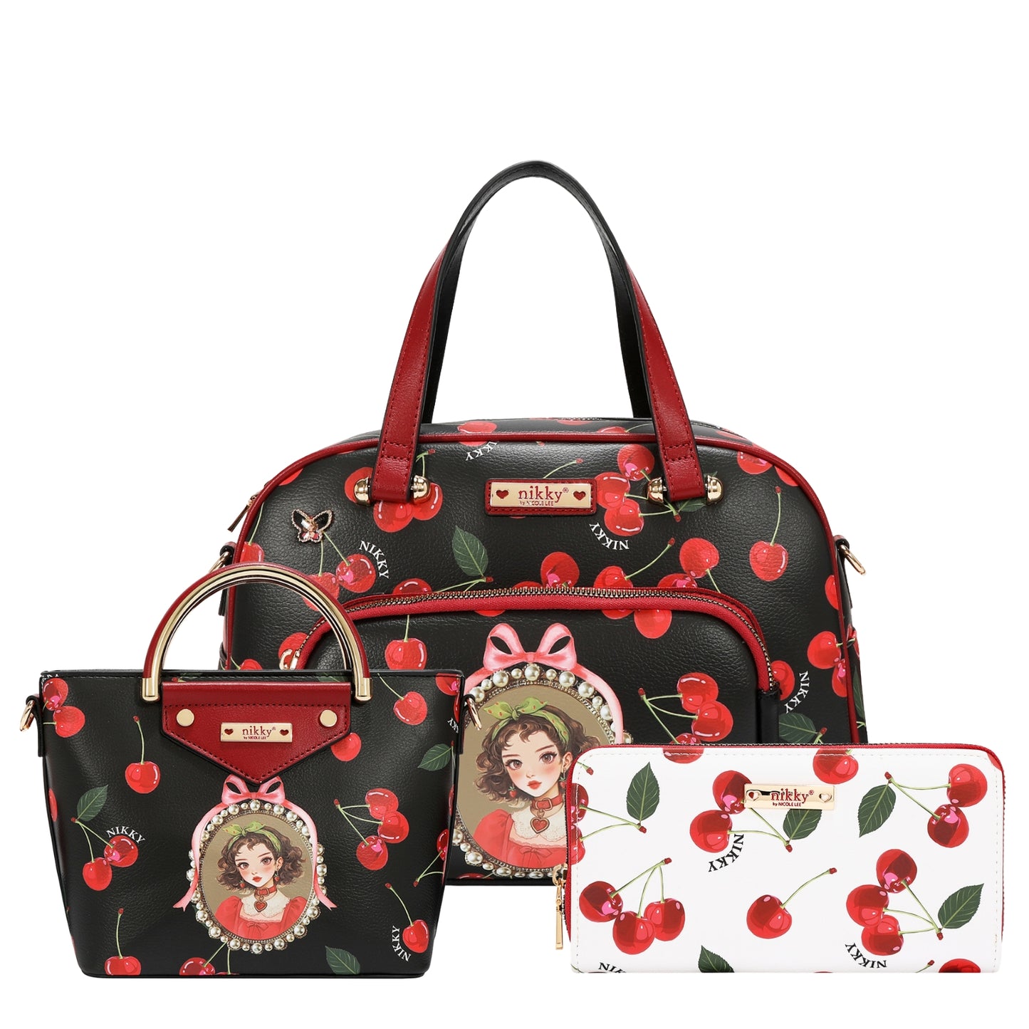CHERRY LIPS 3 PIECE SET (SATCHEL, CROSSBODY, WALLET) - NK13160 CHERRY LIPS BLACK