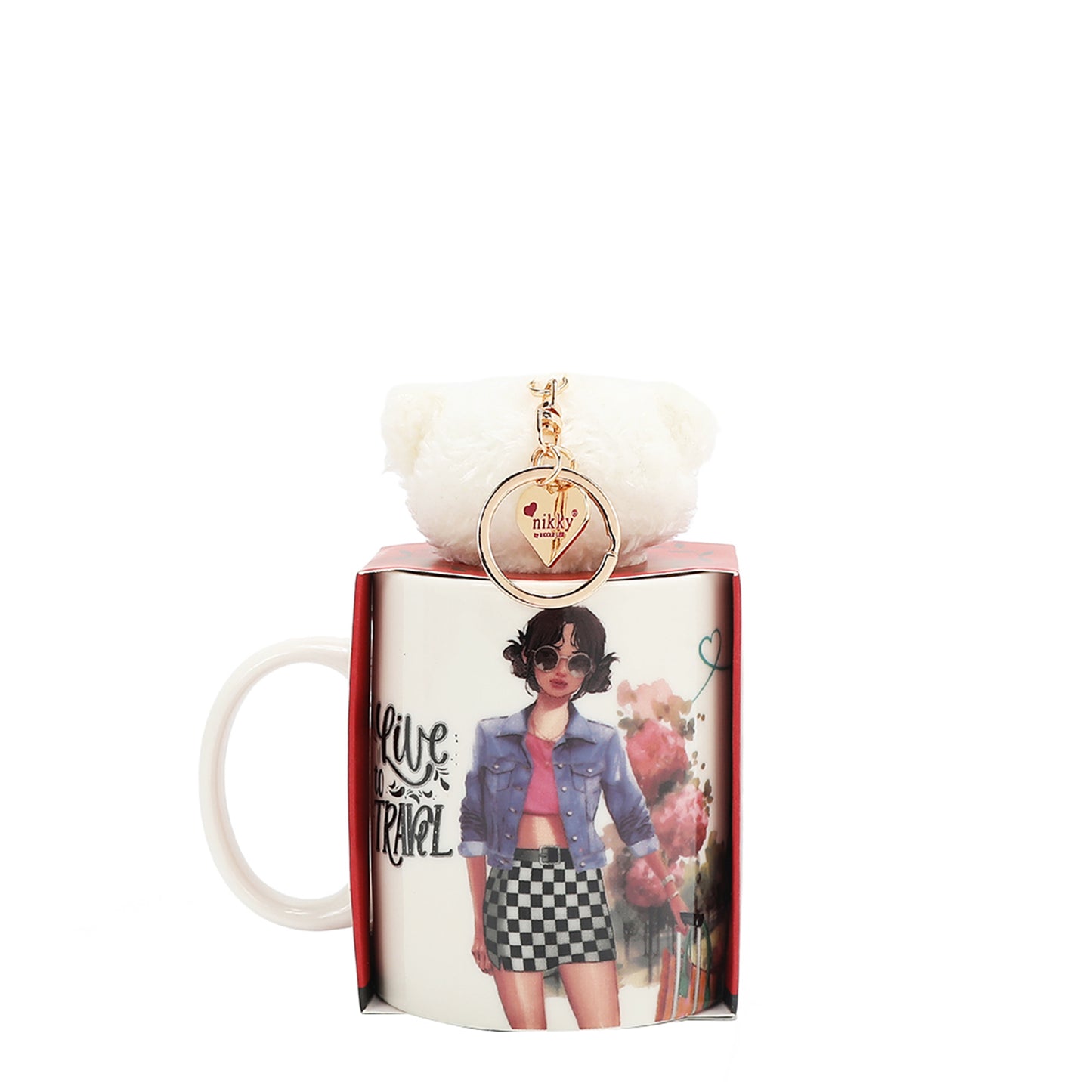 NIKKY CERAMIC MUG WITH BUNNY KEYCHAIN - NK24008 FLOWER DAY / I LIVE TO TRAVEL /  TRIO /  URBAN COFFEE DREAM /  BEST BUDDIES