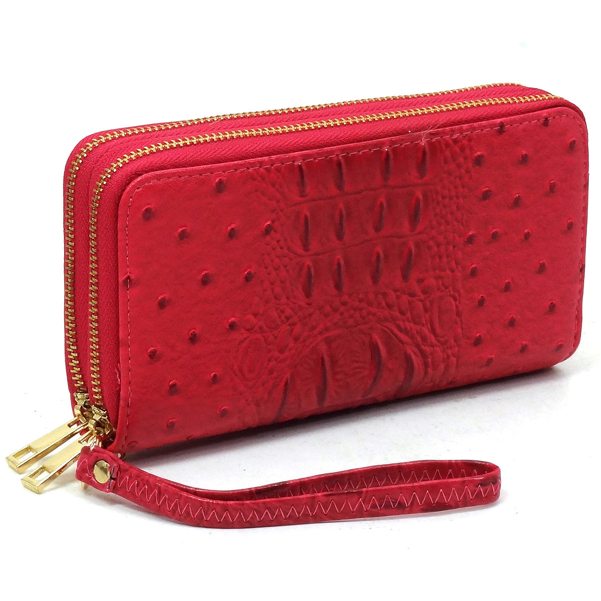 OS0012 Ostrich Croc Double Zip Around Wallet Wristlet