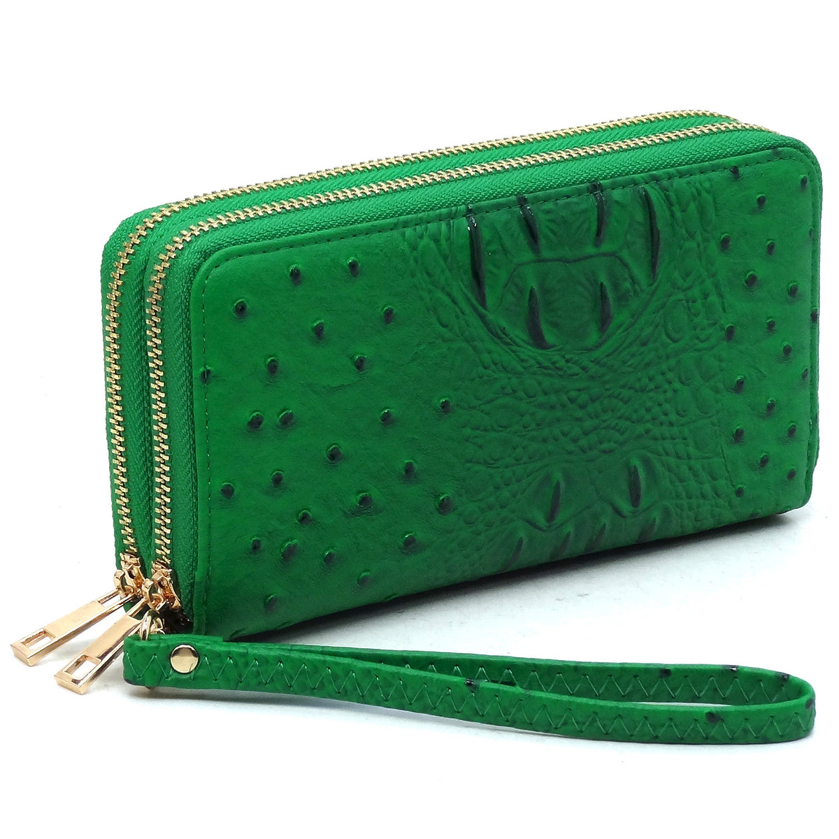 OS0012 Ostrich Croc Double Zip Around Wallet Wristlet