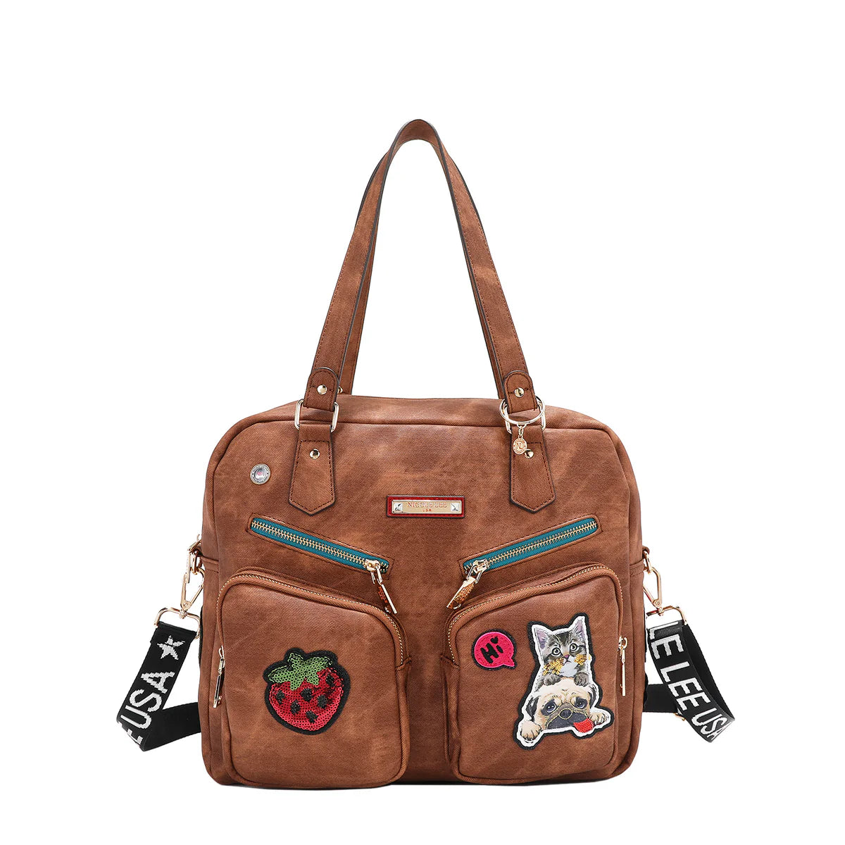 MULTI PATCH ZIPPER BAG -  P17087 GREEN / RED / BROWN / BLUE