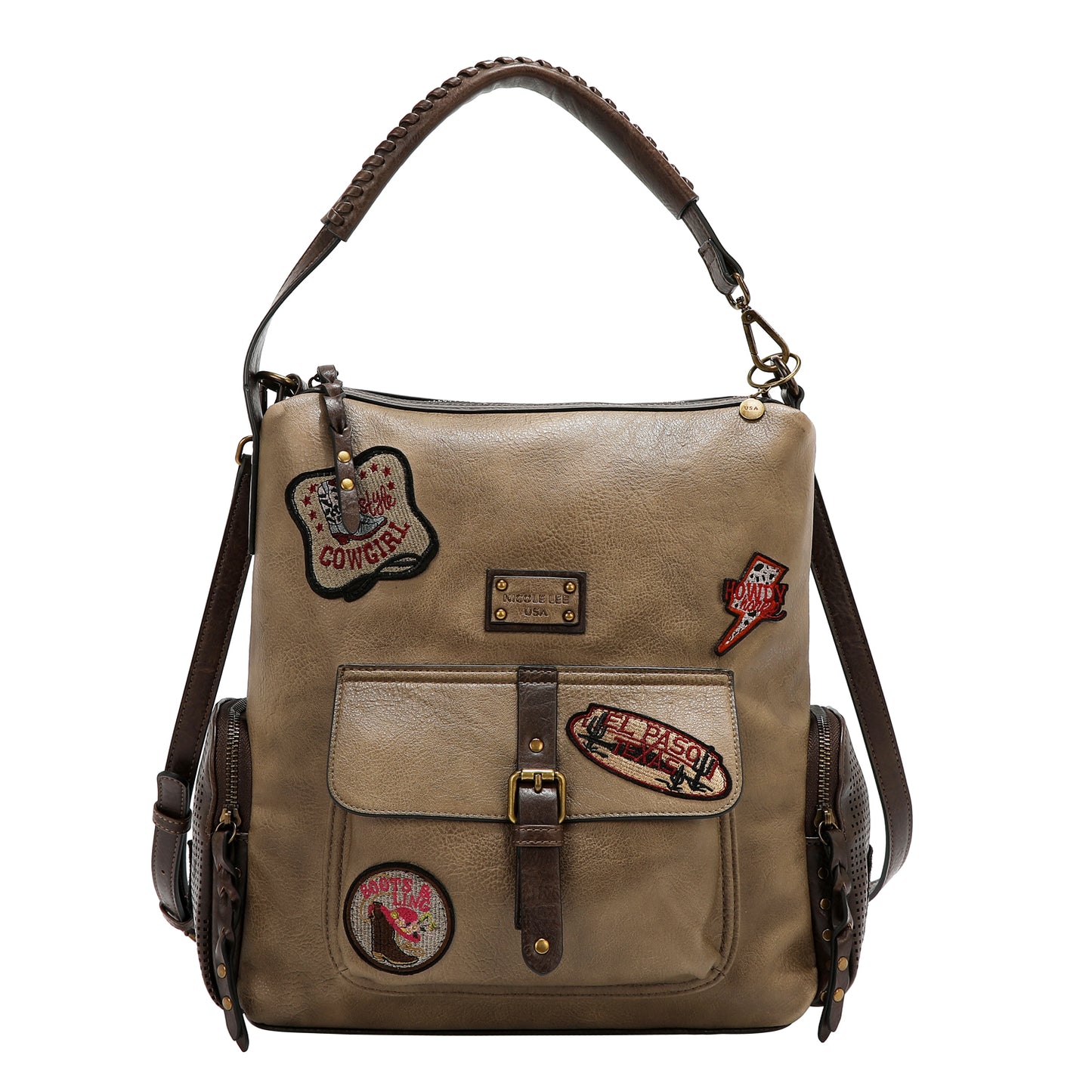 VINTAGE PATCH HOBO BAG - P17468 BROWN / OLIVE / TAUPE