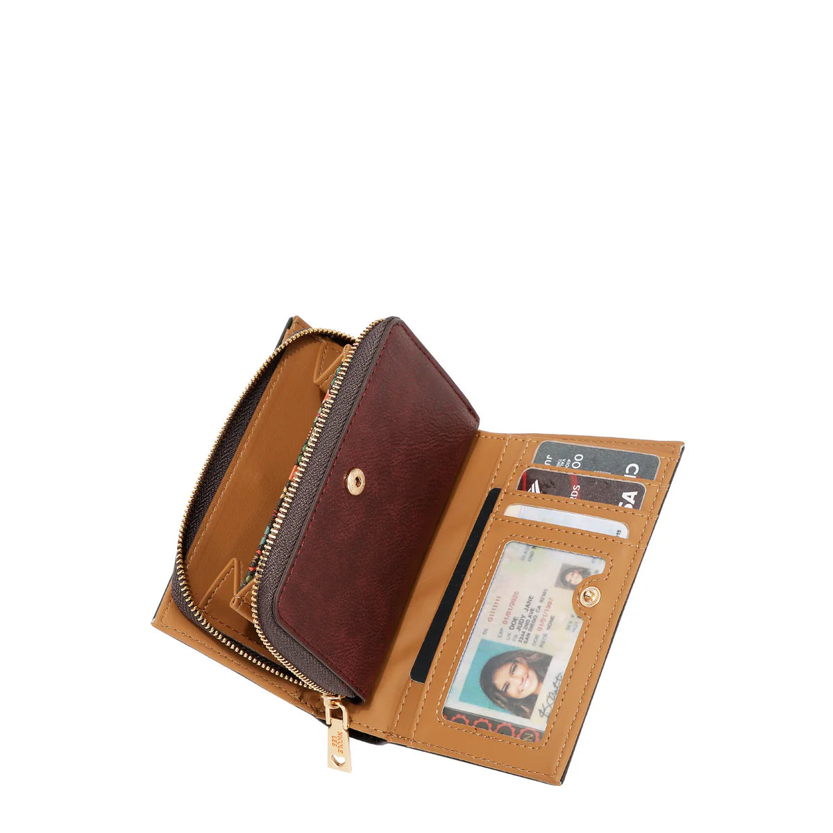 BIFOLD CENTER ZIP WALLET - PRT7702 VIRTUAL FRIEND / HOLLYWOOD DRIVE / THE QUEEN / SAMANTHA LA BELLEZA / BEST SMILE / QUEEN CLEOPARTA / DREM COMES TURE / MARTHA TRAVELS ITALY