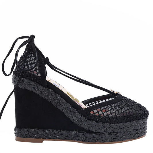 MAYA WRAP ESPADRILLE WEDGE SANDAL -  SNDL23104 BLACK / GOLD / SILVER