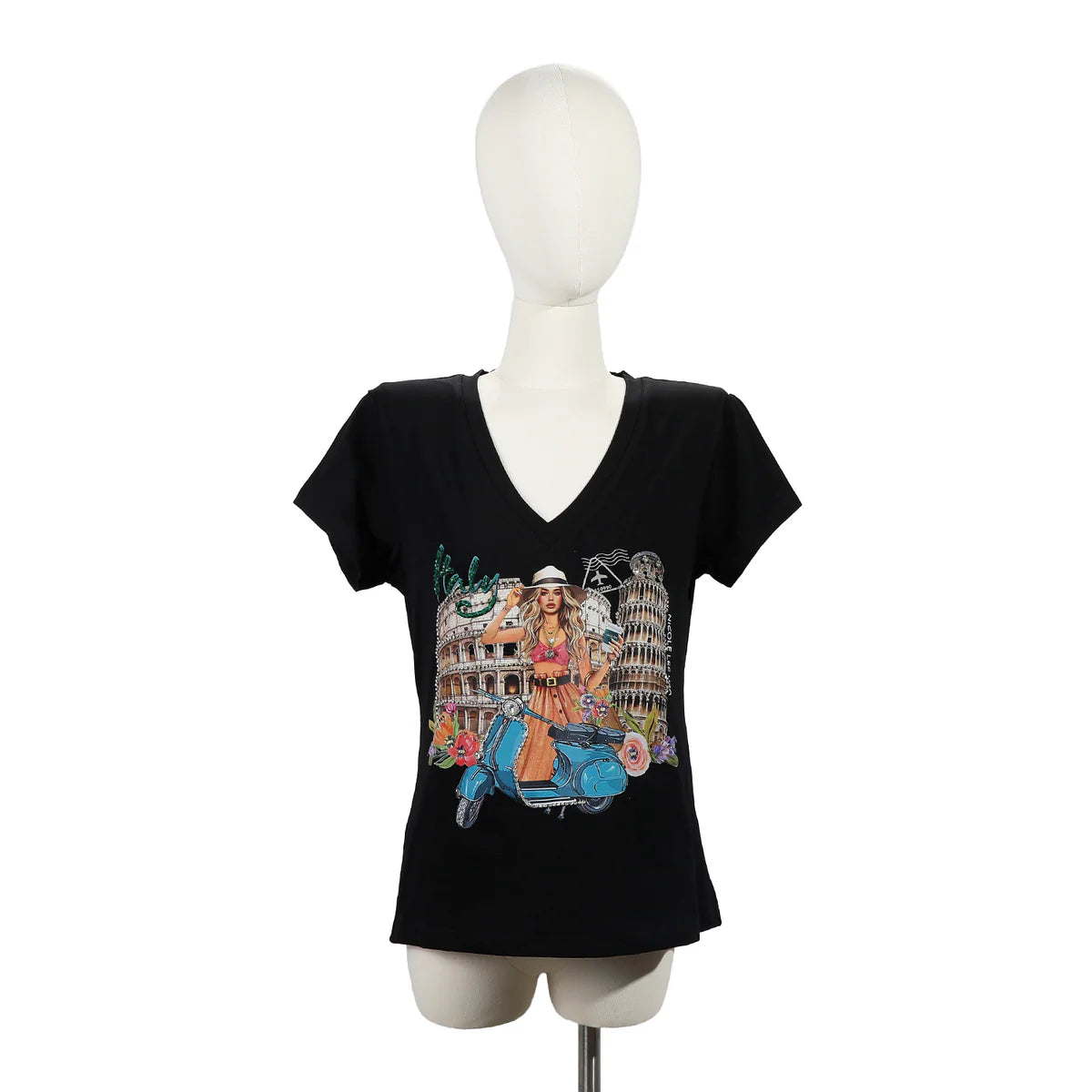 FASHION V-NECK SHIRT - TOP7840 MARTHA TRAVELS WH / BK / NAIL POLSH WH/ BK / SUN AND SAND WH / BK / QUEEN CLEOPATRA WH / BK