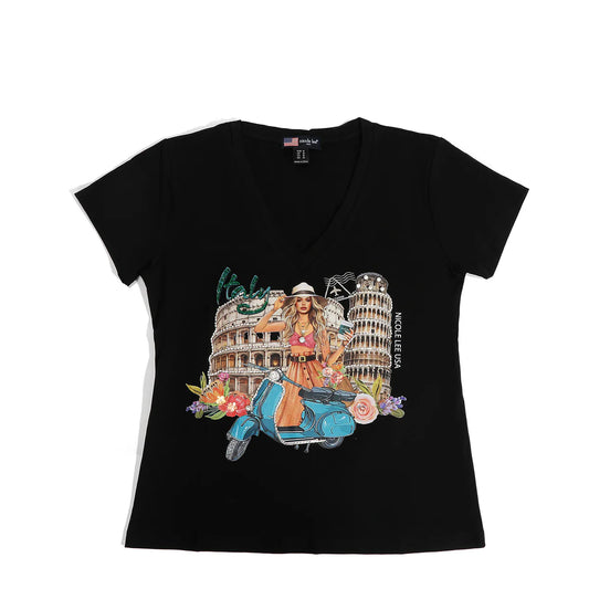 FASHION V-NECK SHIRT - TOP7840 MARTHA TRAVELS WH / BK / NAIL POLSH WH/ BK / SUN AND SAND WH / BK / QUEEN CLEOPATRA WH / BK