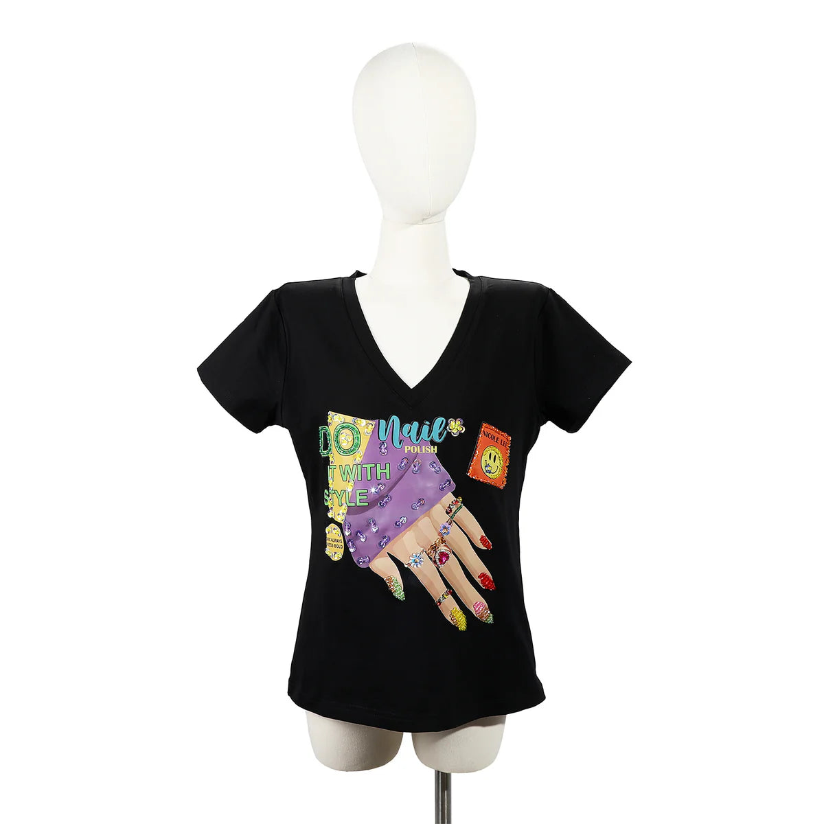 FASHION V-NECK SHIRT - TOP7840 MARTHA TRAVELS WH / BK / NAIL POLSH WH/ BK / SUN AND SAND WH / BK / QUEEN CLEOPATRA WH / BK