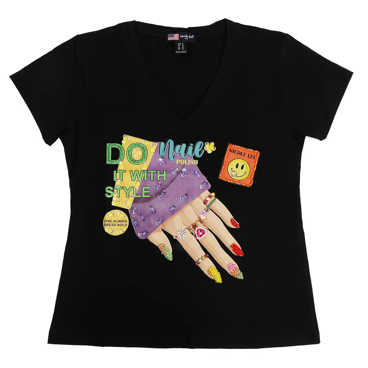 FASHION V-NECK SHIRT - TOP7840 MARTHA TRAVELS WH / BK / NAIL POLSH WH/ BK / SUN AND SAND WH / BK / QUEEN CLEOPATRA WH / BK