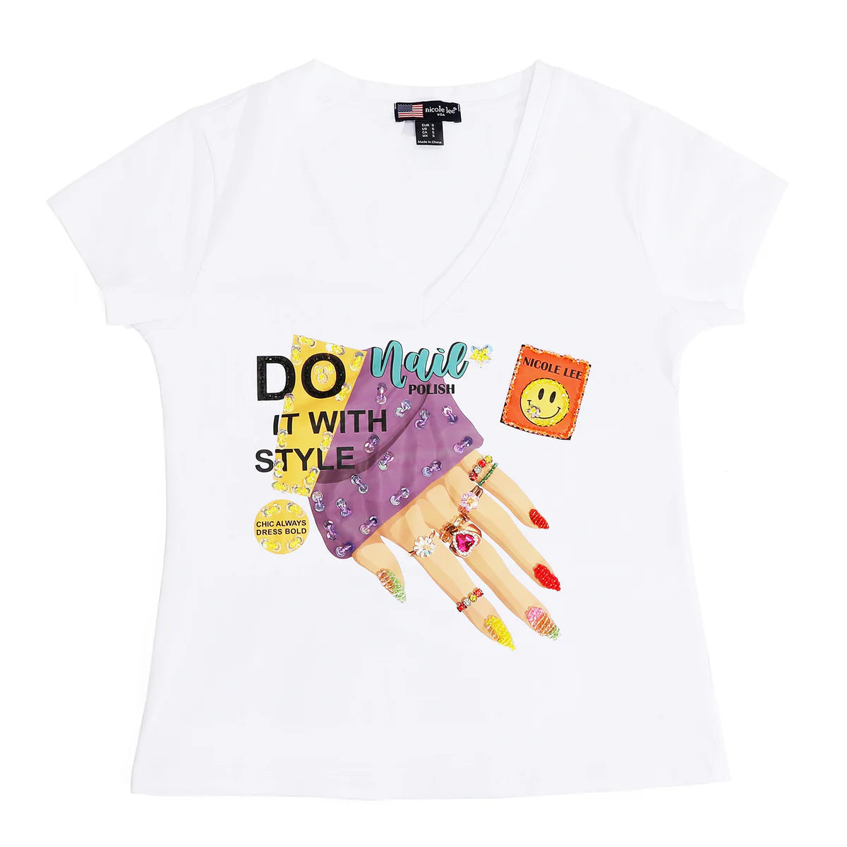 FASHION V-NECK SHIRT - TOP7840 MARTHA TRAVELS WH / BK / NAIL POLSH WH/ BK / SUN AND SAND WH / BK / QUEEN CLEOPATRA WH / BK