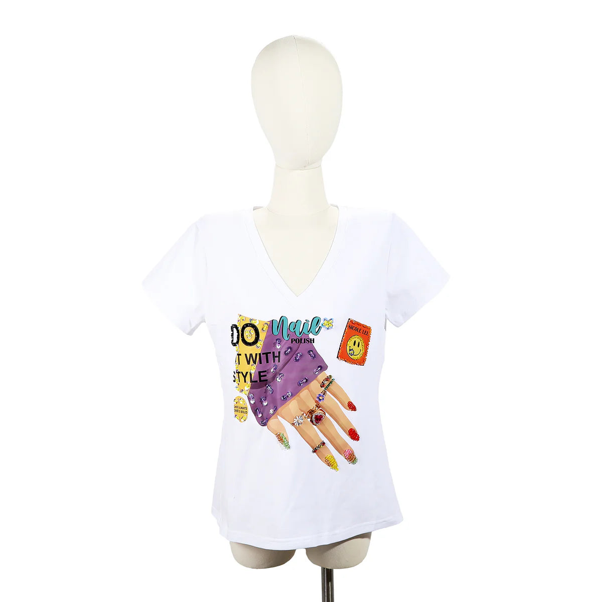 FASHION V-NECK SHIRT - TOP7840 MARTHA TRAVELS WH / BK / NAIL POLSH WH/ BK / SUN AND SAND WH / BK / QUEEN CLEOPATRA WH / BK