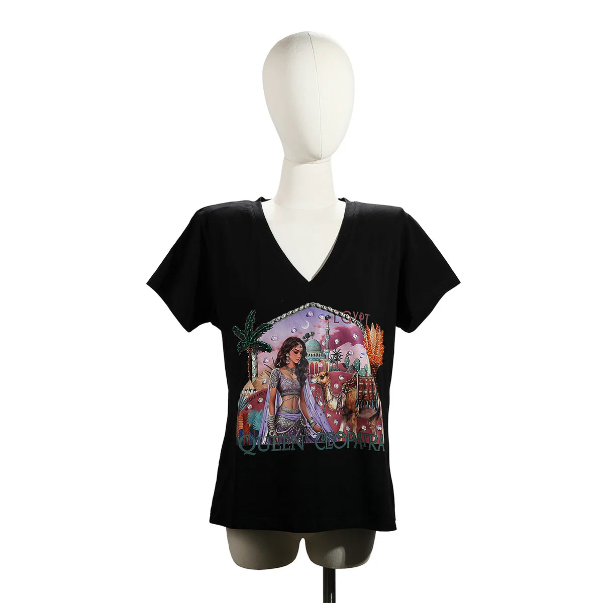 FASHION V-NECK SHIRT - TOP7840 MARTHA TRAVELS WH / BK / NAIL POLSH WH/ BK / SUN AND SAND WH / BK / QUEEN CLEOPATRA WH / BK