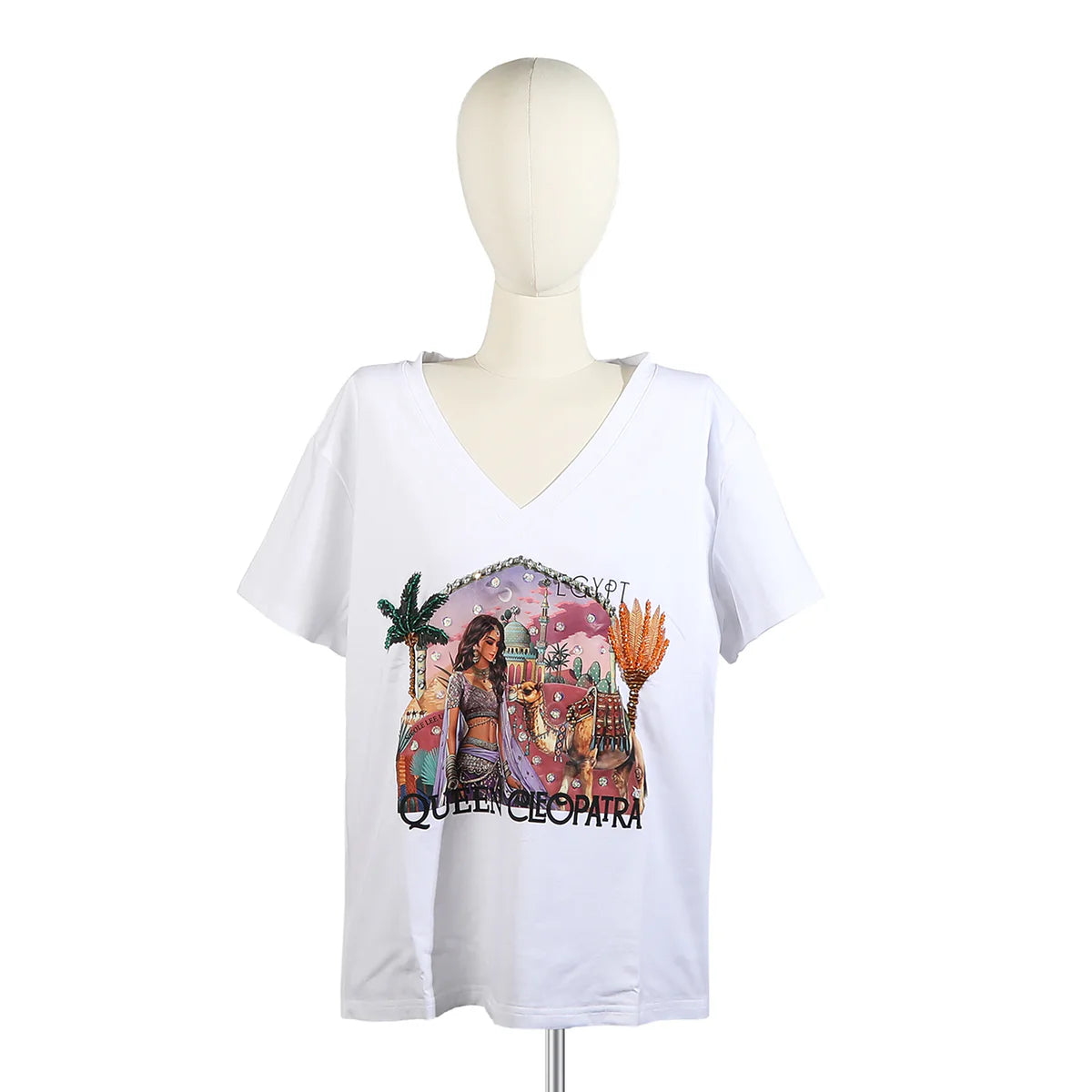 FASHION V-NECK SHIRT - TOP7840 MARTHA TRAVELS WH / BK / NAIL POLSH WH/ BK / SUN AND SAND WH / BK / QUEEN CLEOPATRA WH / BK