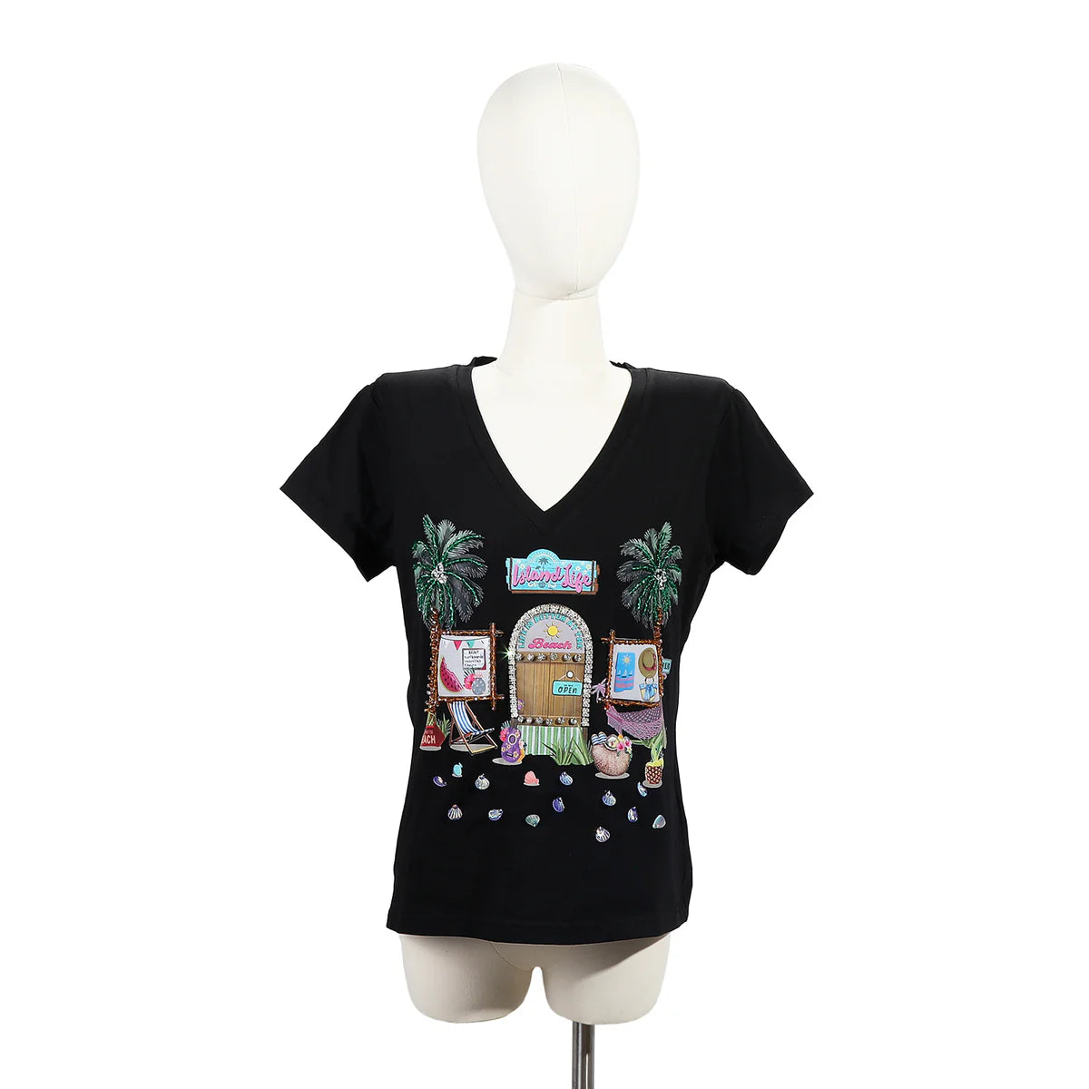 FASHION V-NECK SHIRT - TOP7840 MARTHA TRAVELS WH / BK / NAIL POLSH WH/ BK / SUN AND SAND WH / BK / QUEEN CLEOPATRA WH / BK