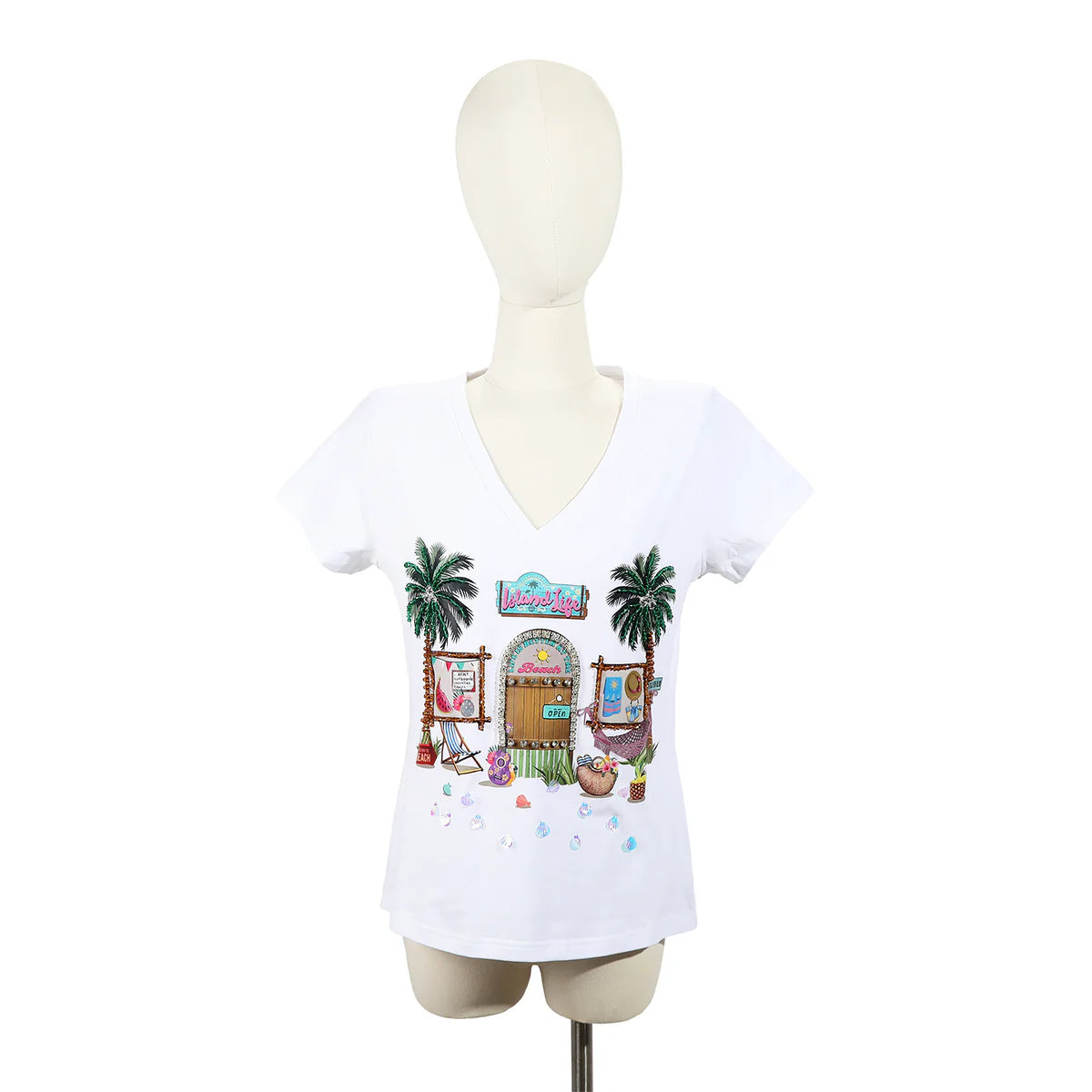 FASHION V-NECK SHIRT - TOP7840 MARTHA TRAVELS WH / BK / NAIL POLSH WH/ BK / SUN AND SAND WH / BK / QUEEN CLEOPATRA WH / BK