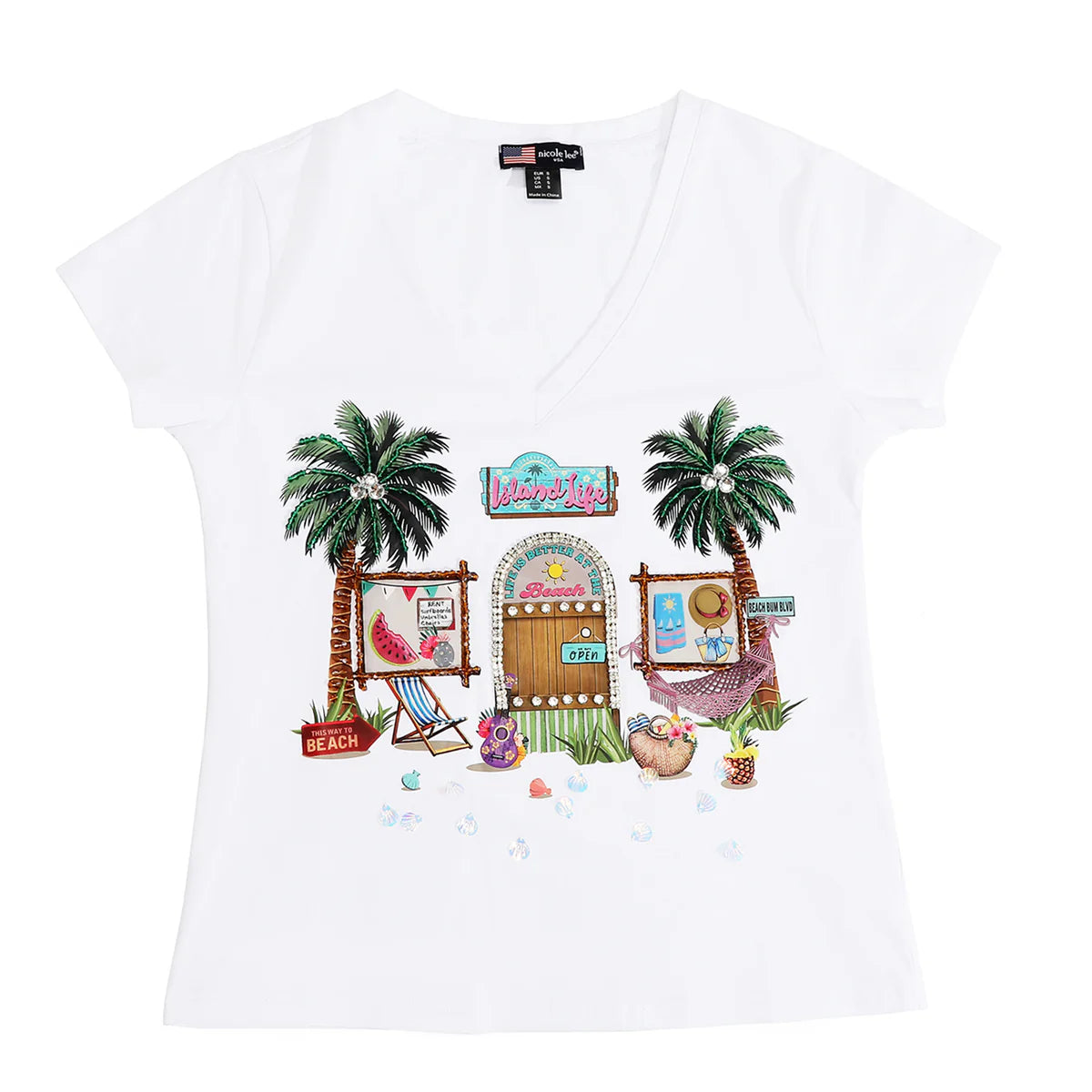 FASHION V-NECK SHIRT - TOP7840 MARTHA TRAVELS WH / BK / NAIL POLSH WH/ BK / SUN AND SAND WH / BK / QUEEN CLEOPATRA WH / BK