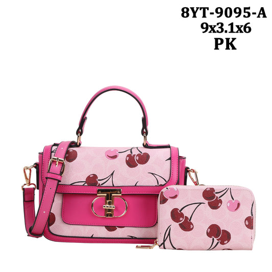 8YT-8095-A Oval Monogram/ Cherry Print Satchel Bag 2 in 1