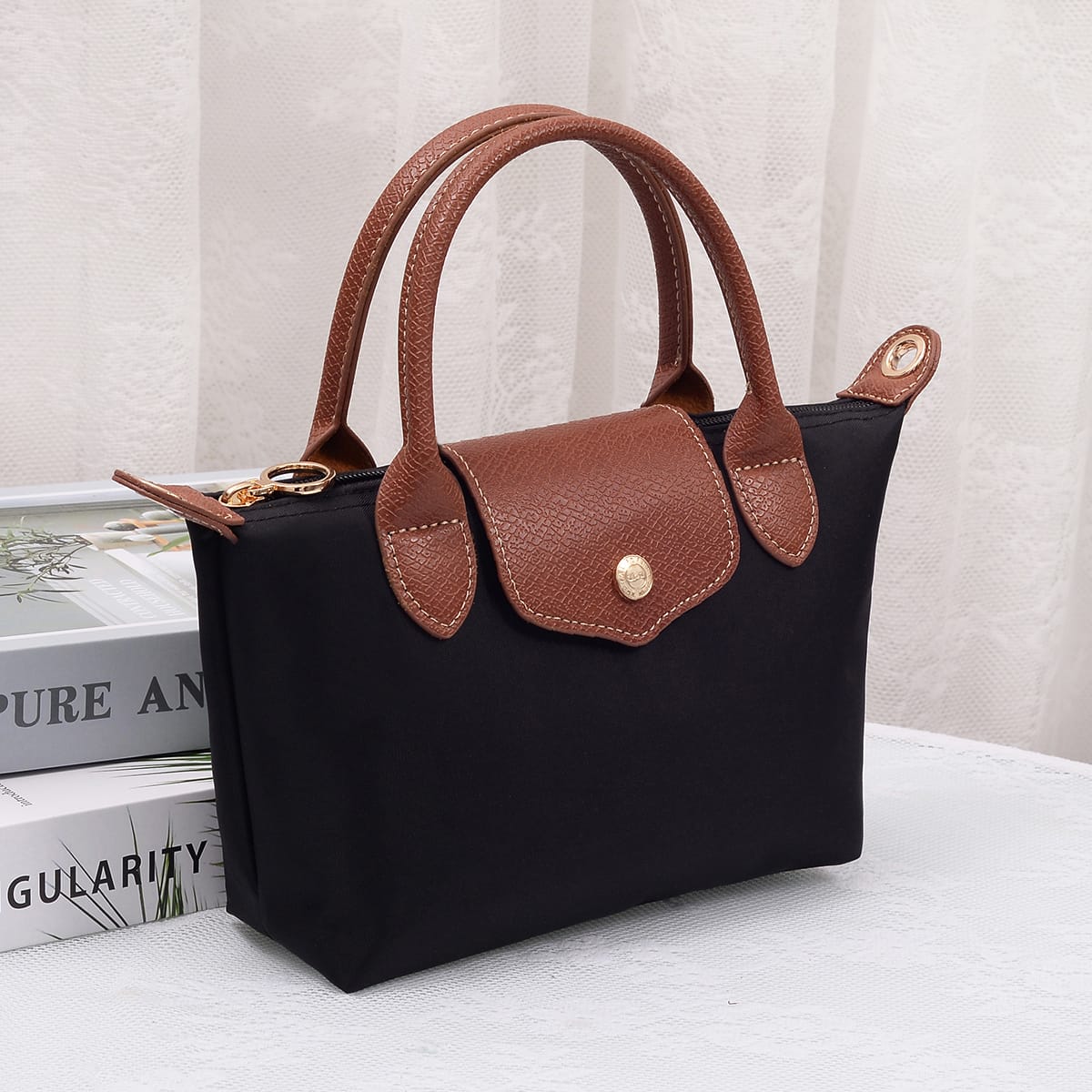 HM782 Nylon Logo Flap Satchel Crossbody Bag