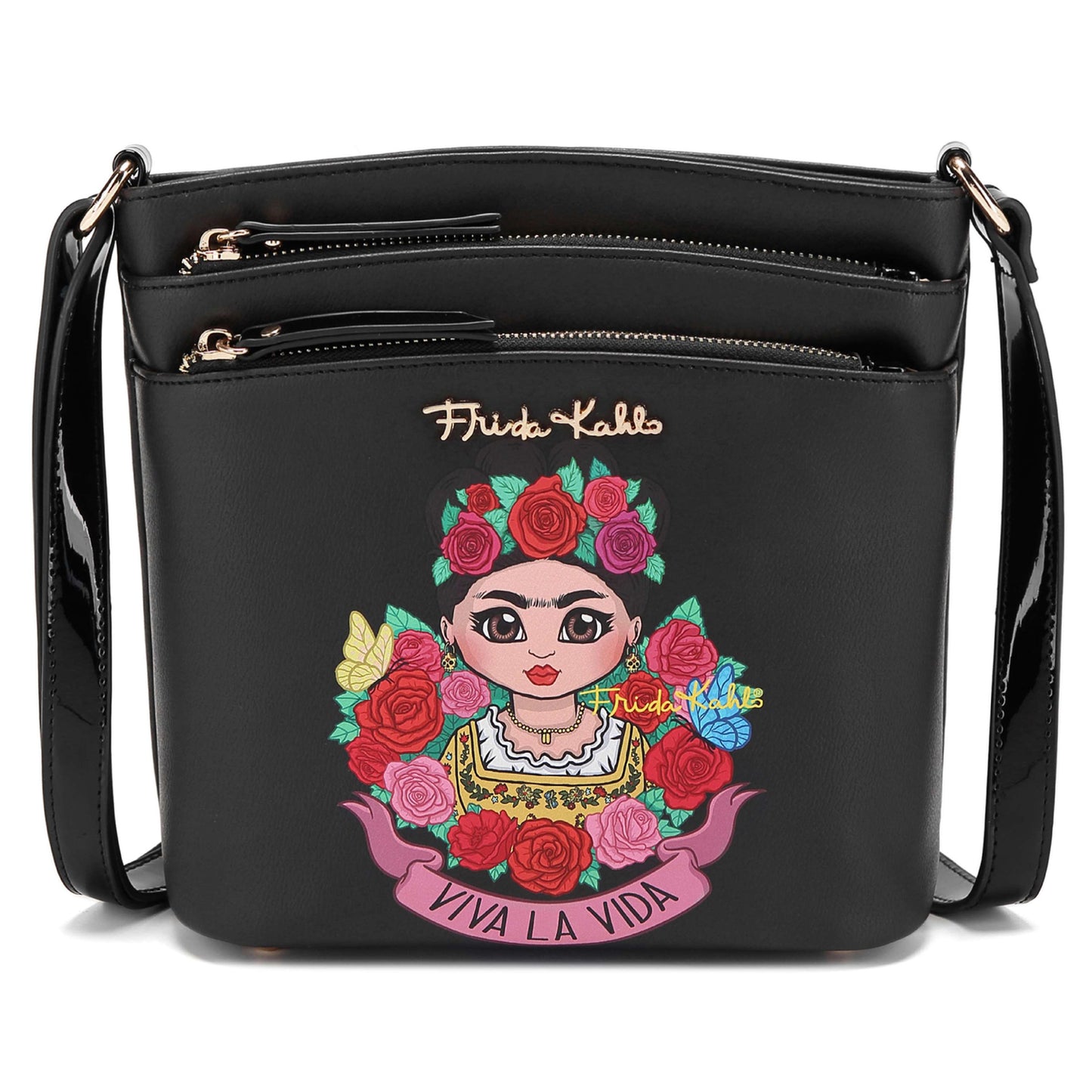 FA705 Frida Kahlo Multi Zip Pocket Crossbody Bag